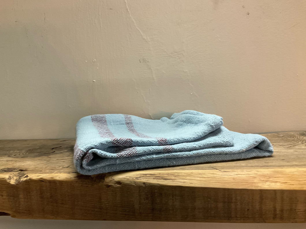 Folded image of woven cotton blend tea towels, blue/purple